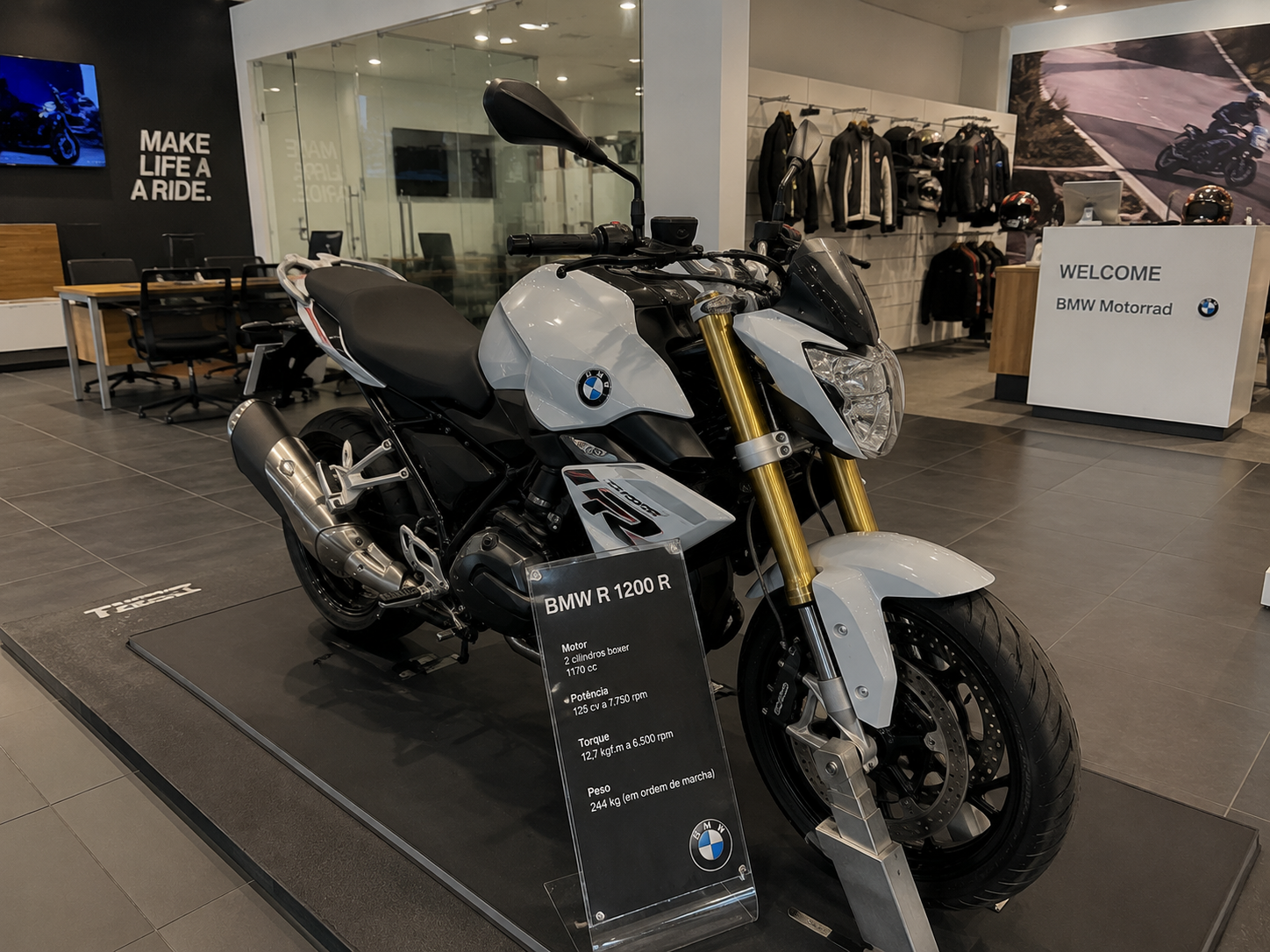 Motocicleta BMW 2026 premium em estúdio escuro